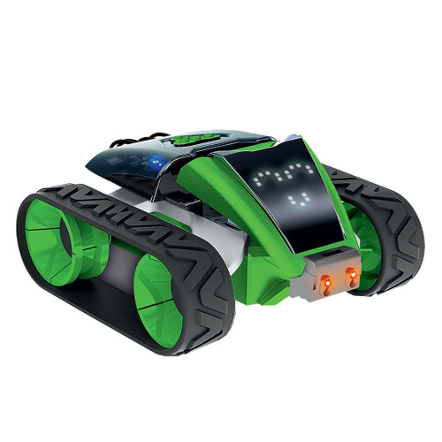 green and black four-wheeled thames & kosmos sidekick robotic rover with happy face programmed on front