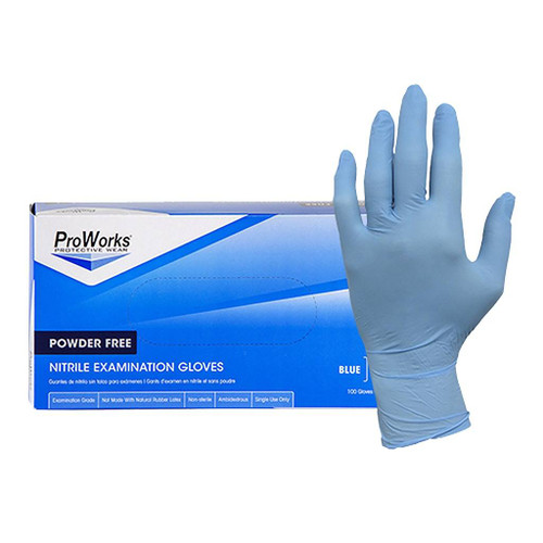 blue box of Adenna ProWorks® Blue Nitrile Powder-Free Exam Gloves next to hand wearing glove