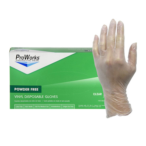 green box of Adenna ProWorks® Clear Vinyl Latex-free Powder-free Gloves next to hand wearing glove