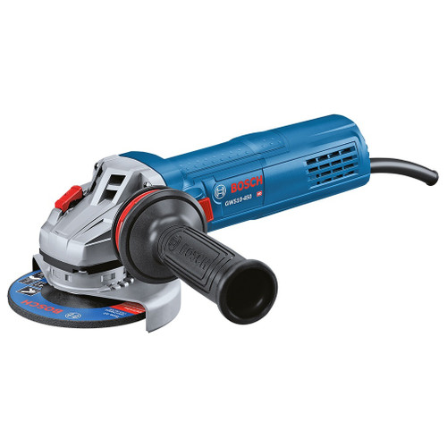 bosch 4-1/2" angle grinder with blue ergonomic handle and black anti-vibration side handle with 10 amp motor