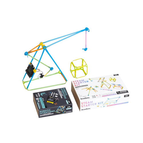 Strawbees STEAM Robotics Starter Kit with robotic inventions board, example model crane, example model cube