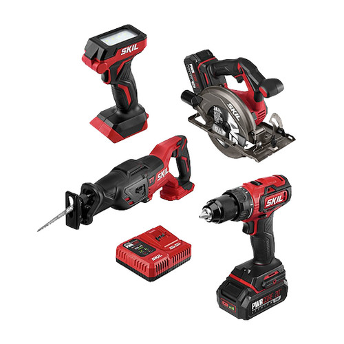 Skil 20V 4-Tool Combo Kit includes drill/driver, reciprocating saw, circular saw, led light, 2 batteries