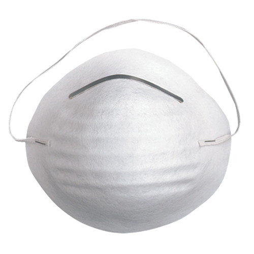 white latex-free and hypoallergenic dust mask with flexible metal noseguard and elastic strap