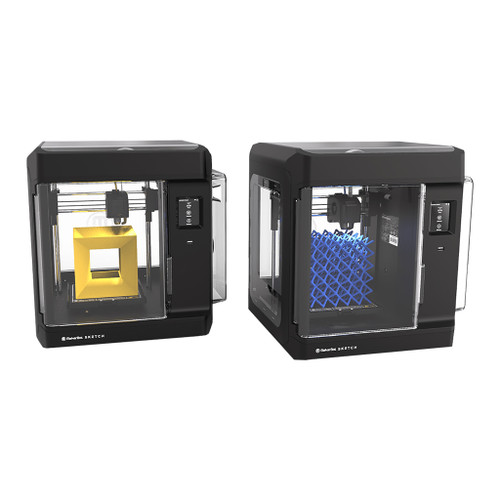 two Makerbot Sketch 3D Printers building student designs with yellow and blue filament