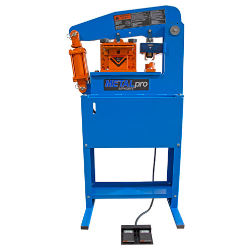 MetalPro 40-Ton Ironworker has blue frame with orange shear and punching station