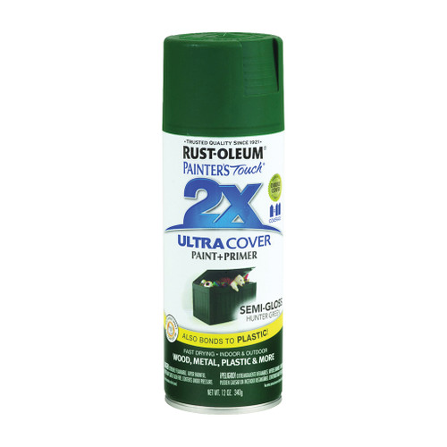 12 ounce aerosol can of Rust-Oleum 2X Ultra Cover Spray Paint + Primer in hunter green with gloss finish