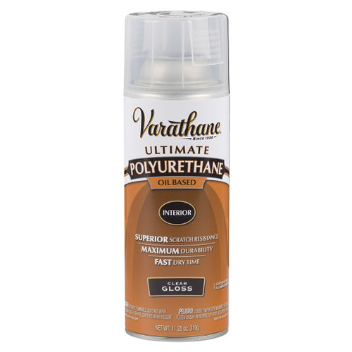 11.25 ounce aerosol spray can of varathane polyurethane oil-based wood finish with clear gloss shine