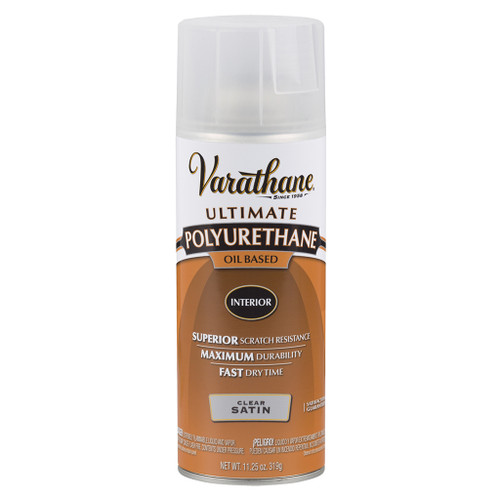 11.25 ounce aerosol spray can of varathane polyurethane oil-based wood finish with satin shine
