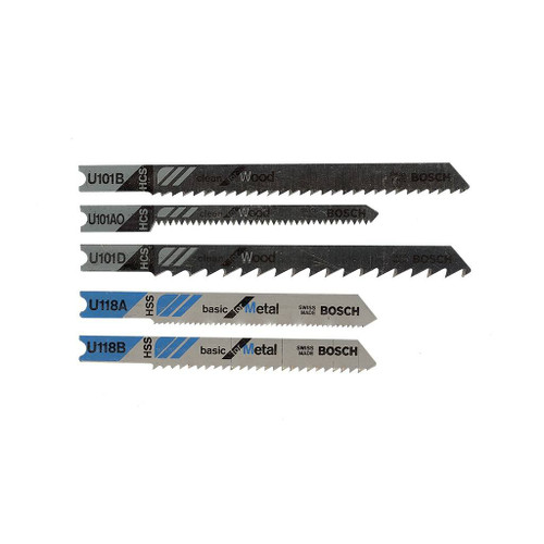 5 bosch u-shank jig saw blades for cutting wood or metal in different sizes and tpi