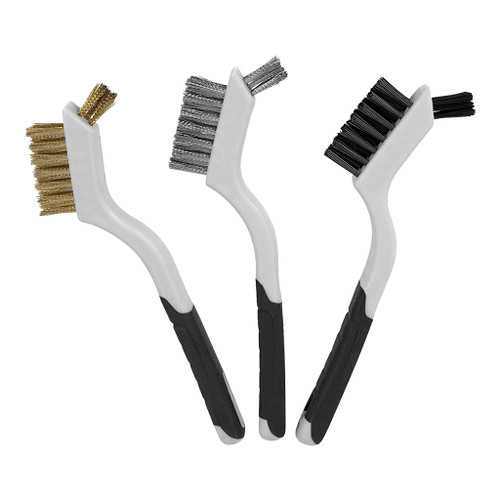 set of three mini brushes for cleaning, refinishing, and removing paint and rust have a comfortable rubber grip