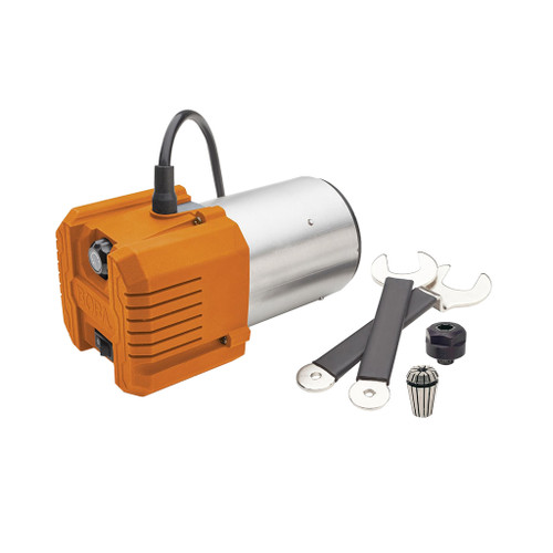 3.25 horsepower orange and silver router motor shown with included bolt, collet, and two wrenches