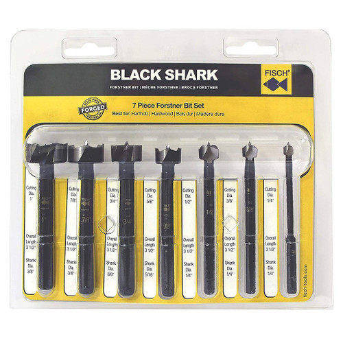 7 piece Fisch Black Shark Forstner Bit Set made with high-speed steel for edge and slant drilling