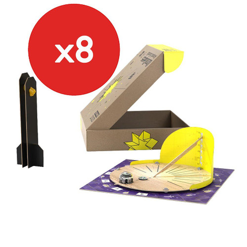 Ozobot Ozogoes Around A Sundial kit has wooden platform on purple mat and is fully assembled next to cardboard box