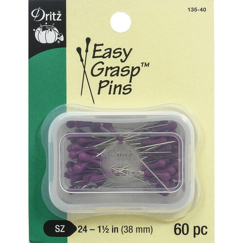 plastic stackable box of 60 stainless steel easy grasp pins with elongated purple ball heads in packaging