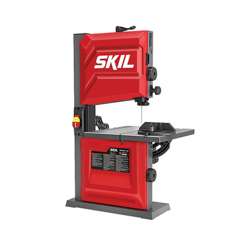 red skil 9" benchtop band saw has 2.8 amp induction motor, 2-speed drive system, steel base, rack and pinion table