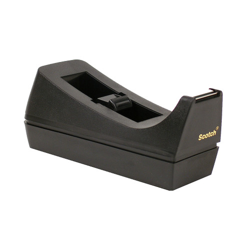 classic black tape dispenser with weighted base holds standard rolls with 1" core