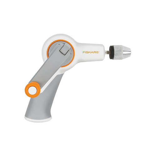 white, gray, and orange fiskars hand drill has Softgrip® handle with keyless chuck and hand-crank