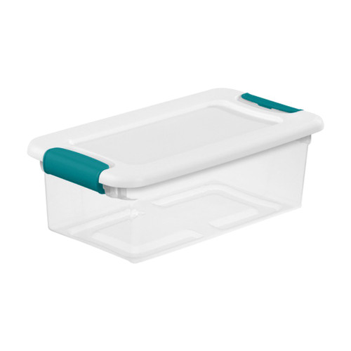 sterilite 6 quart capacity clear storage box with latching white lid and teal handles