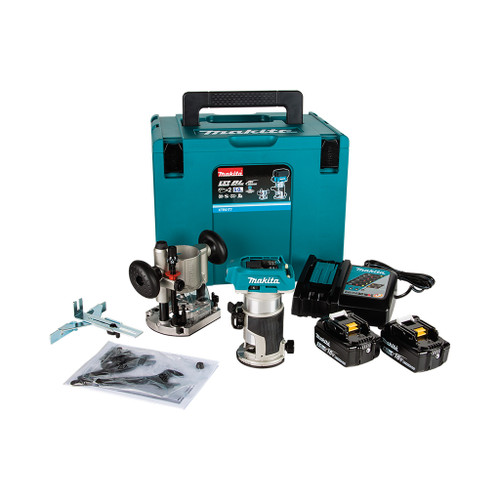 Makita Cordless Compact Router Kit includes plunge base, straight guide, 2 batteries, charger, case