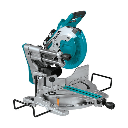 Makita 10" Cordless Dual Bevel Miter Saw runs on two 18v batteries with a brushless motor and 4-3/4" tall fence