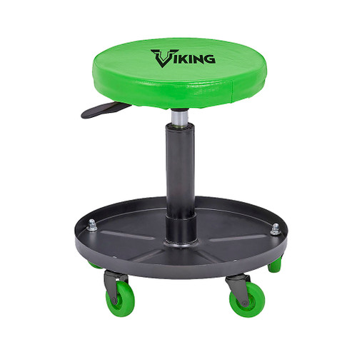 adjustable roller seat has green top of high-density foam, 5 polyurethane swivel casters, segmented tray