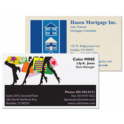 4 color offset printed business cards are on heavyweight UV coated gloss
sheet. Pricing is the same for one or 2 sided orders.