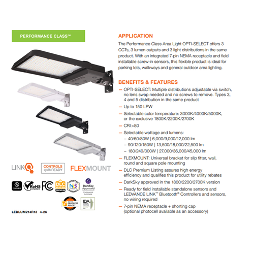 Sylvania AREAFLD6AS080HUVDSC15ADJBL LED Area Light OPTI-SELECT – 40/60/80W | 1800K/2200K/2700K | Up to 10,080 lm | 277-480V | Black | DarkSky Approved