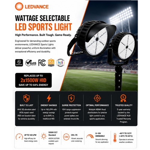 Sylvania SPORTLT1AS400HUVD7404X4BL LED Wattage Selectable Sports Light – 200/300/400W | 4000K | Up to 52,800 lm | NEMA 4×4 | 277-480V | Black | PTO