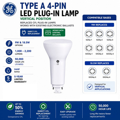 GE LED Plug-In Type A G24q/GX24q Vertical 9W 3000K - LED9G24Q-V/830