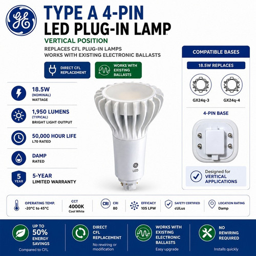 GE LED Plug-In Type A GX24q Vertical 18.5W 2700K - LED19GX24q-V/827
