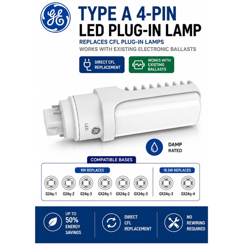 GE LED Plug-In Type A G24q/GX24q Horizontal 9W 3500K - LED9G24Q-H/835