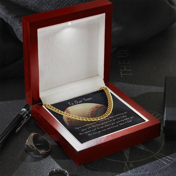 Baseball Themed Cuban Link Chain Necklace with Personalizable Message Card Baseball Themed Cuban Link Chain Necklace with Personalizable Message Card