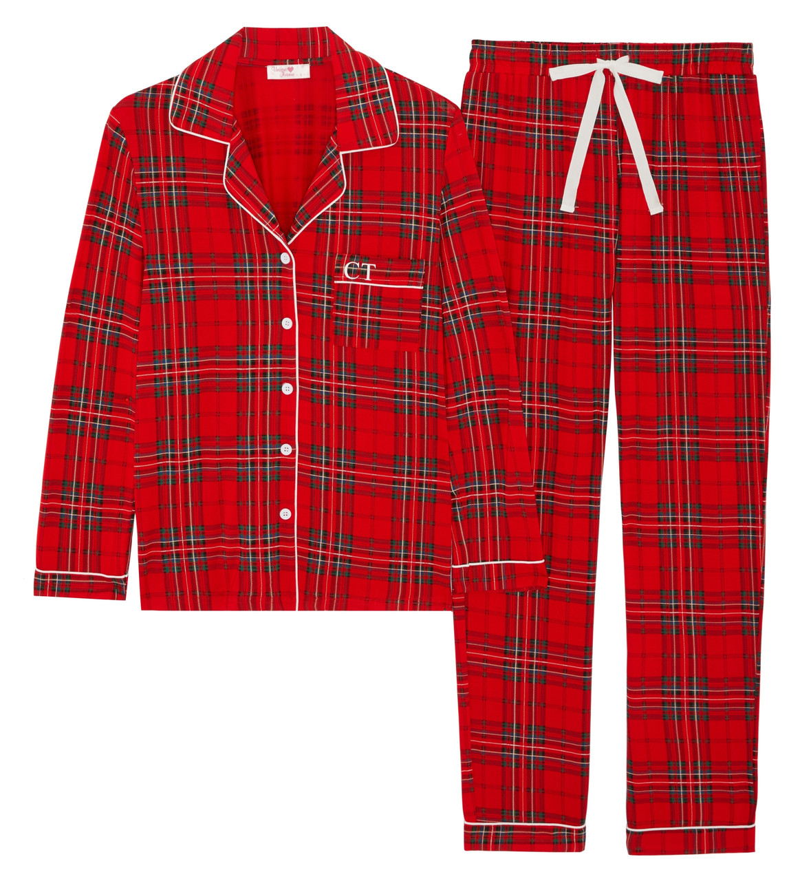 Ultra soft pyjama set, holiday theme red and black plaid. Colour