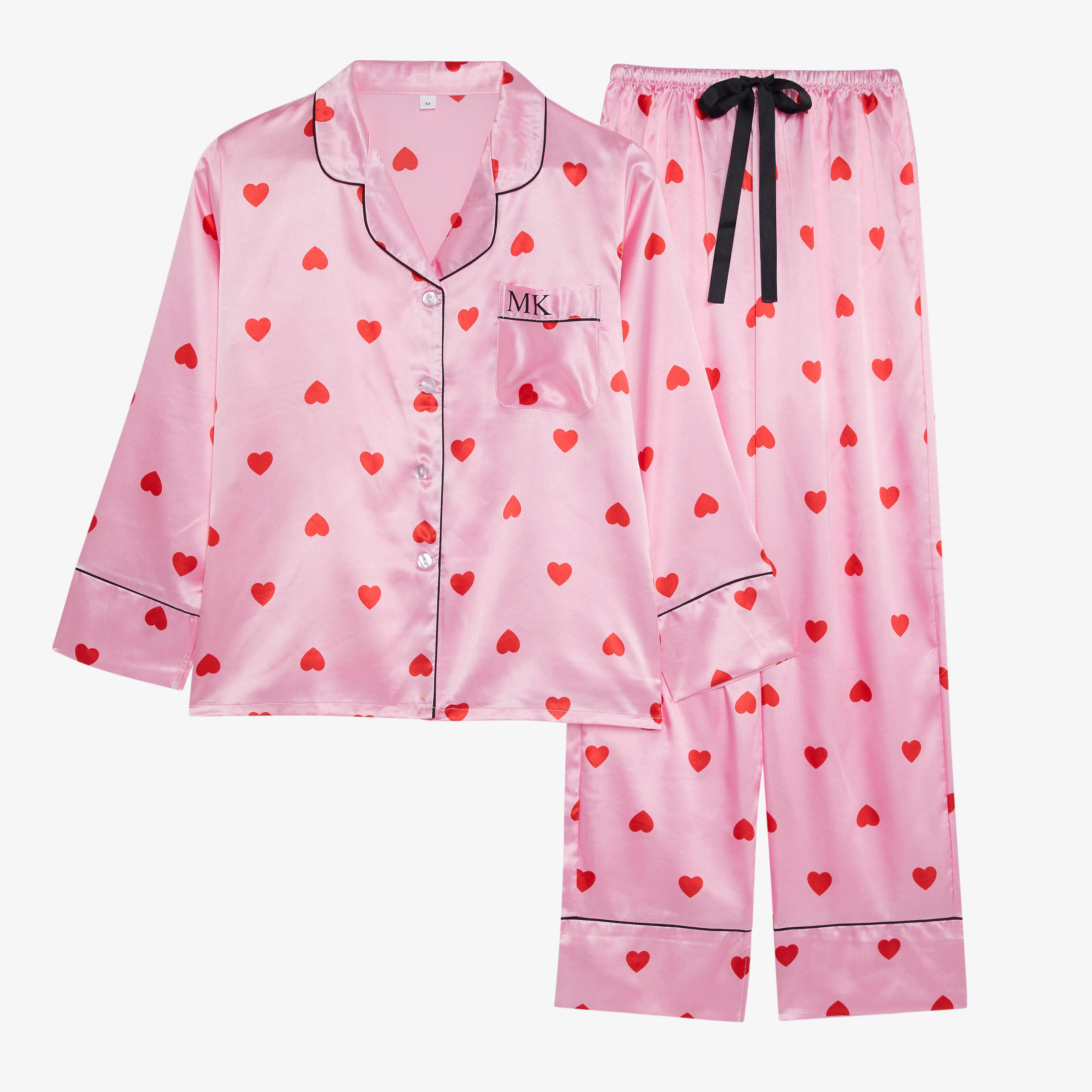 Pink/Red Heart Satin Personalised Pyjama Set - Unique Avenue