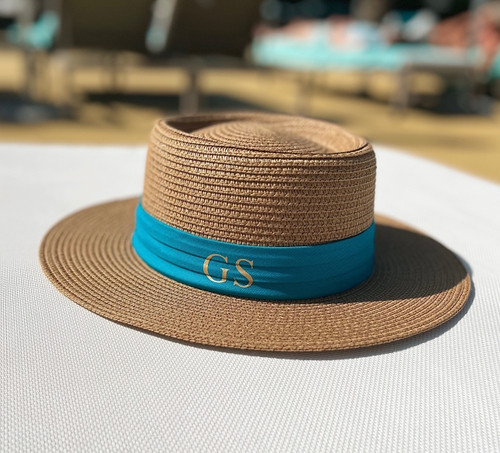 Brown/Blue Straw Personalised Beach Hat