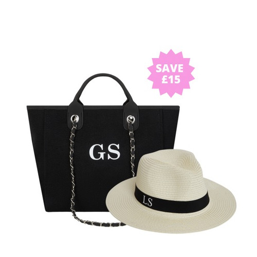 Personalised Black Canvas Bag & Beach Hat (SAVE £15)