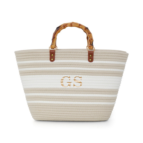 Nude & White Stripe Personalised Beach Tote Bag 