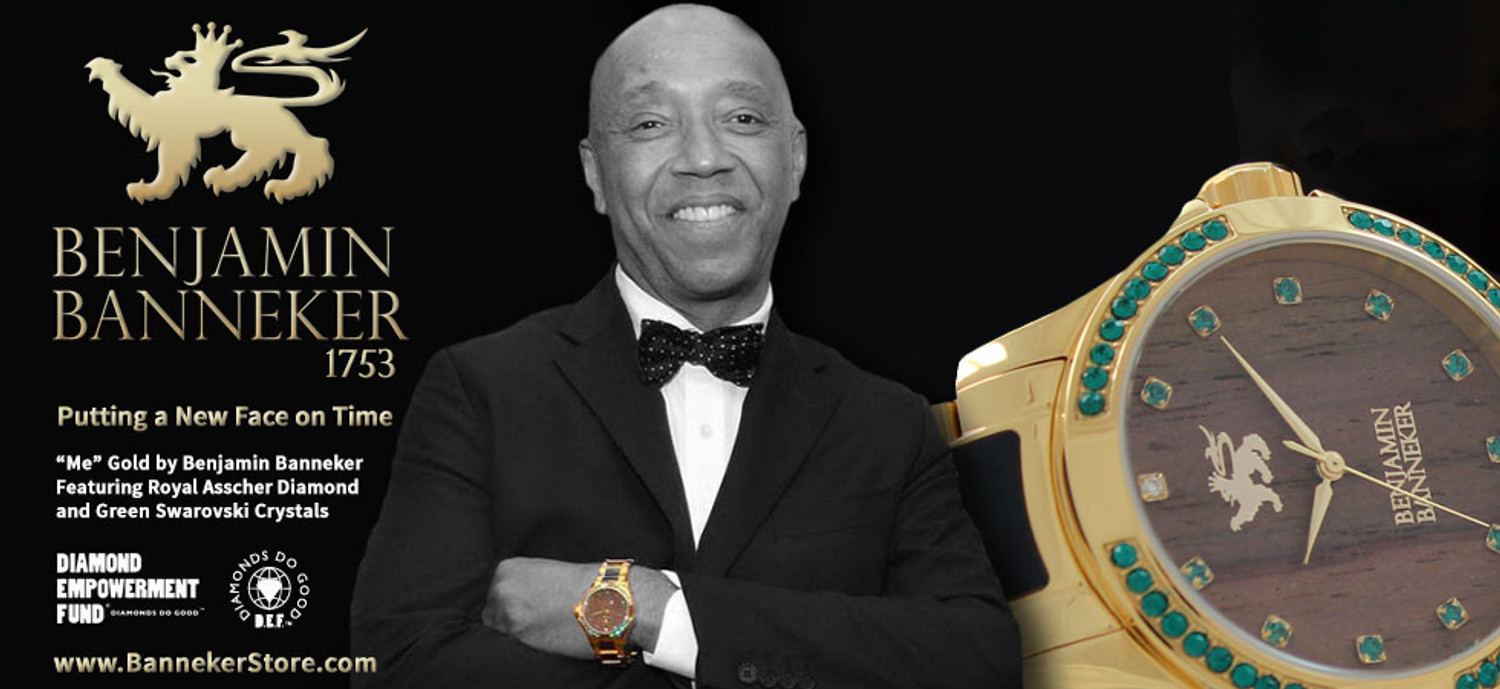 Russell Simmons wearing Benjamin Banneker Gold "Me"