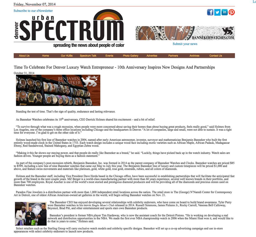 Denver Urban Spectrum Article about Banneker Watches