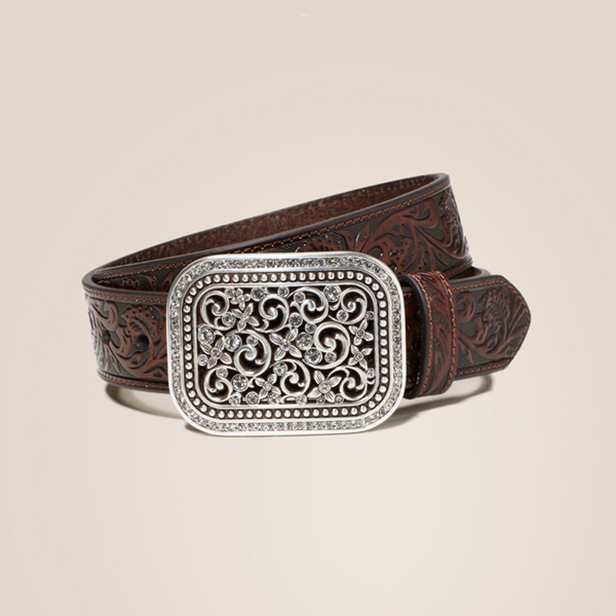 ARIAT Women's Filigree Leather Clear Crystal Accents Belt, Black, Small