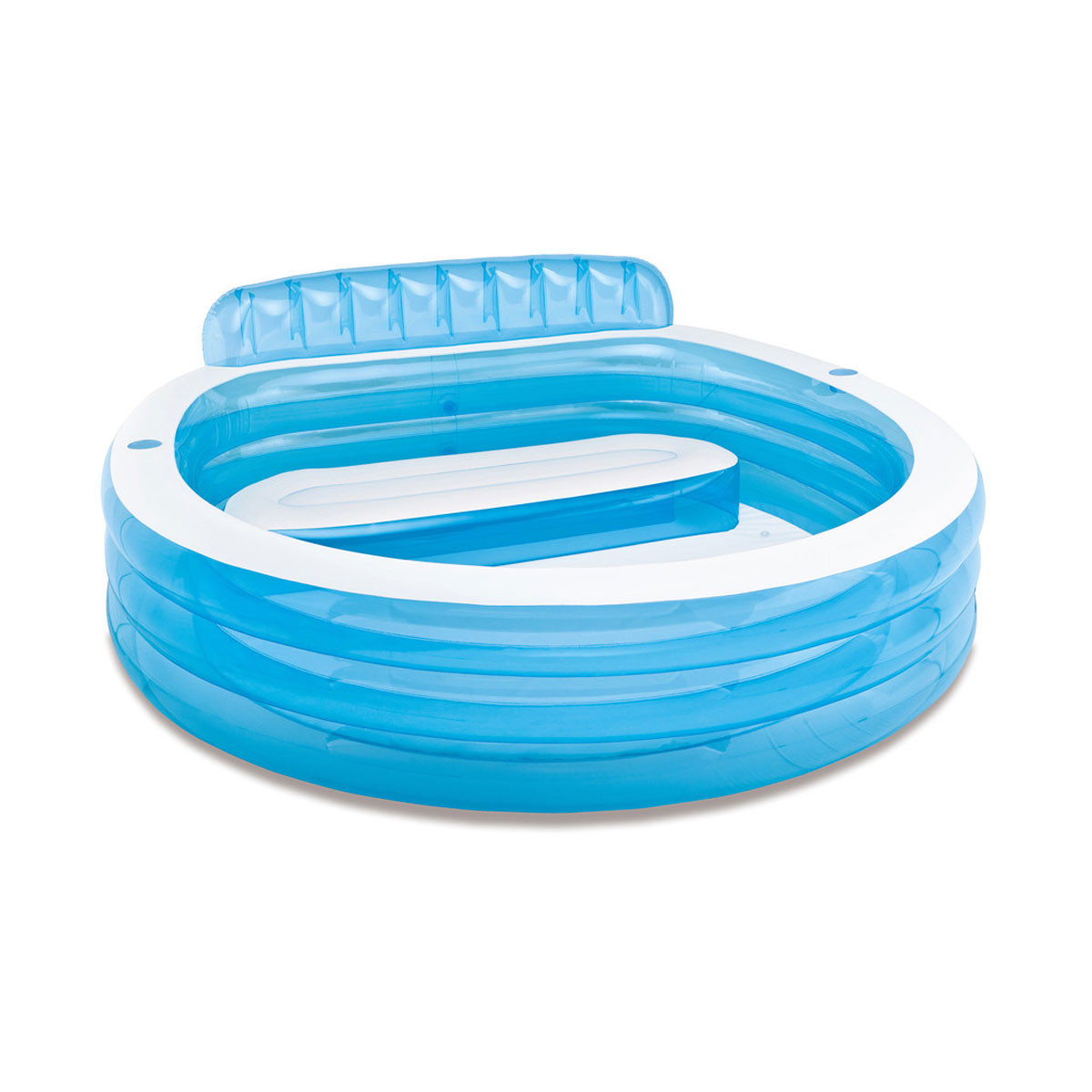 Blue inflatable family lounge pool with integrated bench seating and backrest, designed for relaxed paddling and shared outdoor use.