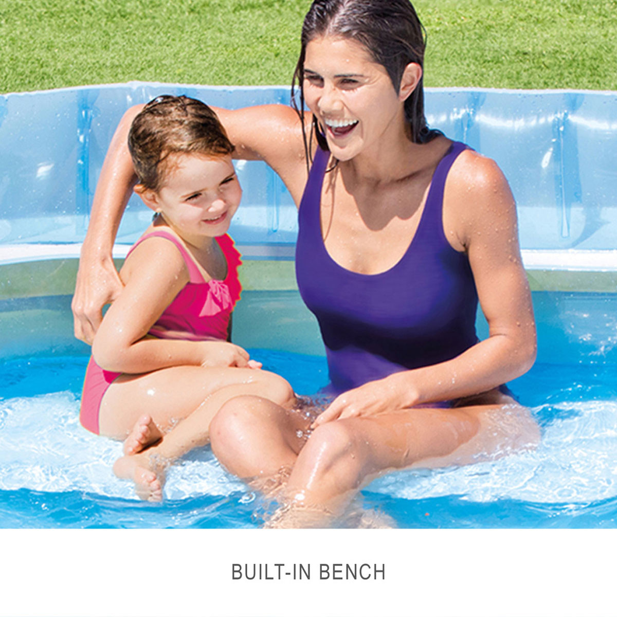 Close-up of the built-in bench seat inside a blue inflatable family pool, offering extra comfort and support for seated relaxation.