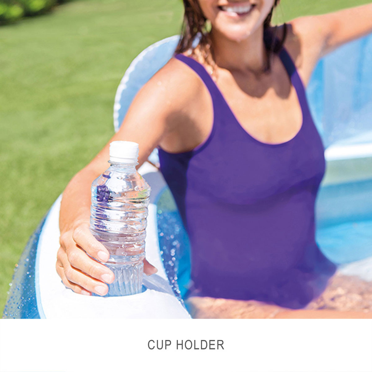 Close-up of a cup holder integrated into the side of a blue inflatable family lounge pool, holding a water bottle for convenience.