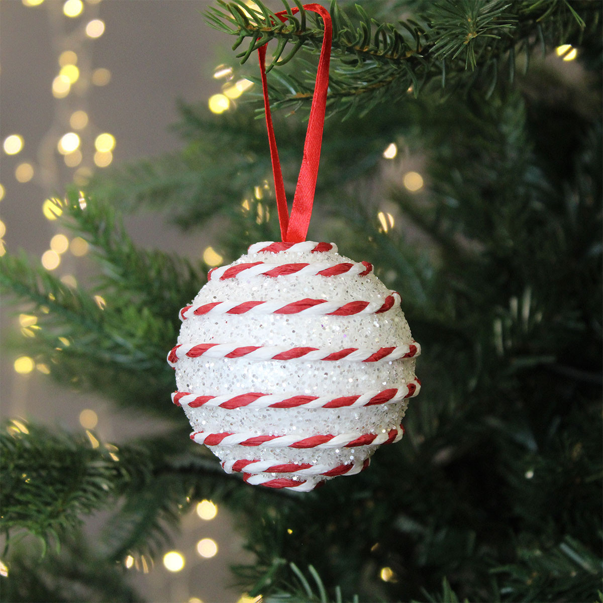 White Glitter Candy String Bauble- 8cm | Charlies
