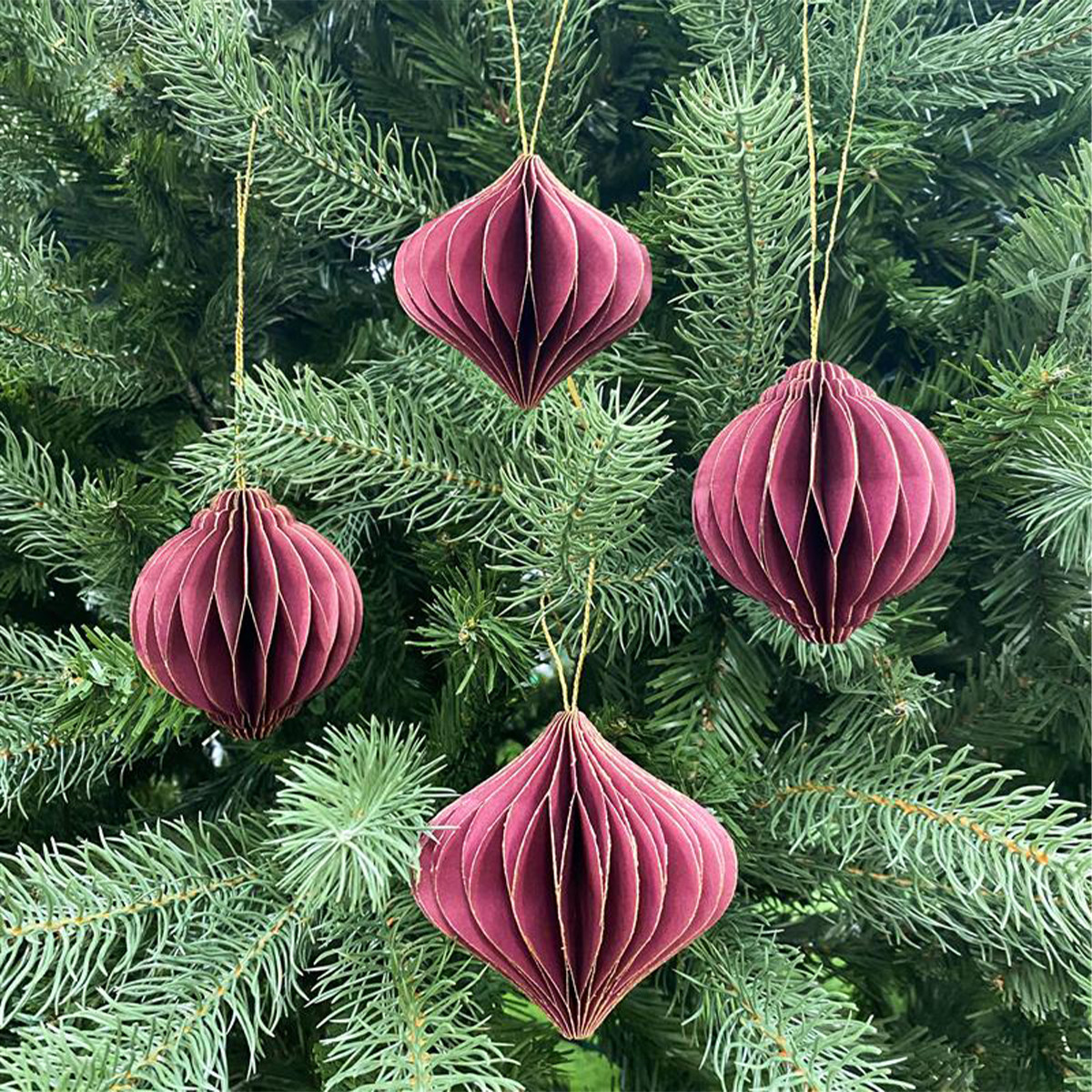 4 Dark Red Paper Tree Decorations - 8cm | Charlies