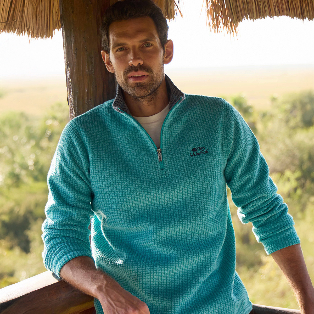 Pull Homme Bleu Marine Foncé à Demi-Zip Logo Zebra en Mélange de Coton