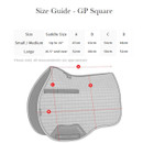 Size guide for GP square saddle pads, detailing dimensions for Small/Medium and Large sizes with labelled measurement points.