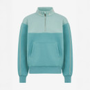 A stylish teal sweatshirt with a half zip, featuring a light blue panel and front pocket, accented by contrasting trim.
