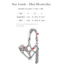Size guide for mini headcollars suitable for ponies 11.2hh to 13hh, detailing measurements for Super Mini and Mini sizes.
