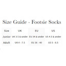 A size guide for footsie socks, detailing UK, EU, and US sizes for junior and adult categories.